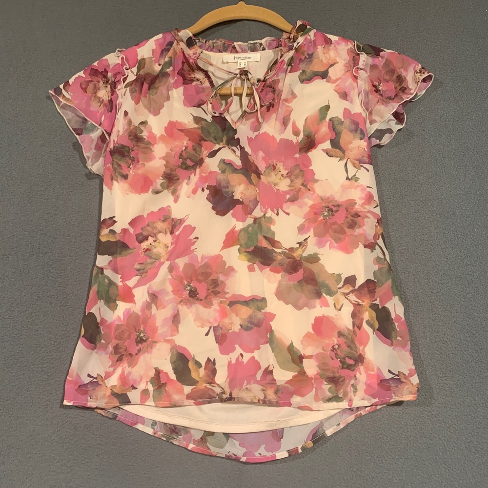 Haven + Blair London Sheer Fairy Pink Floral Flutter Sleeve Tie Neck‎ Blouse M